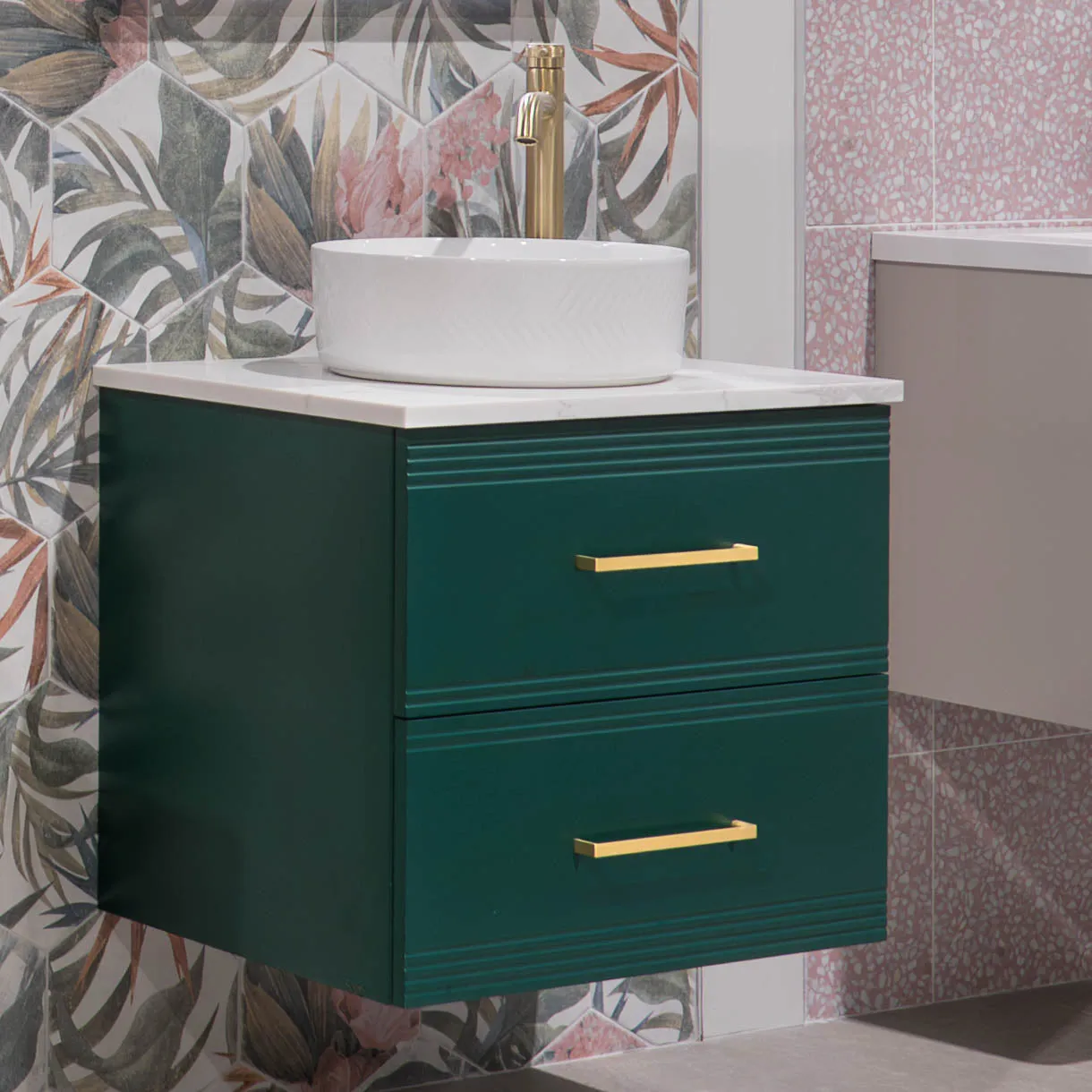 Granlusso Galleria Wall Mounted  2-Drawer Vanity Unit With Carrara Marble Effect Worktop - Deep Emerald