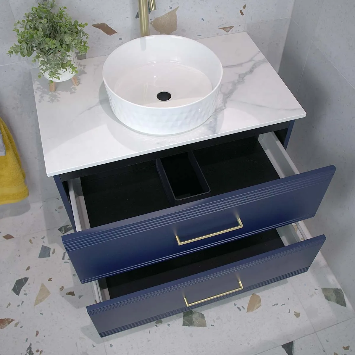 Granlusso Galleria Wall Mounted  2-Drawer Vanity Unit With Carrara Marble Effect Worktop - Deep Emerald