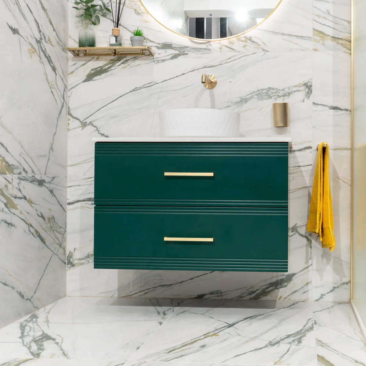 Granlusso Galleria Wall Mounted  2-Drawer Vanity Unit With Carrara Marble Effect Worktop - Deep Emerald