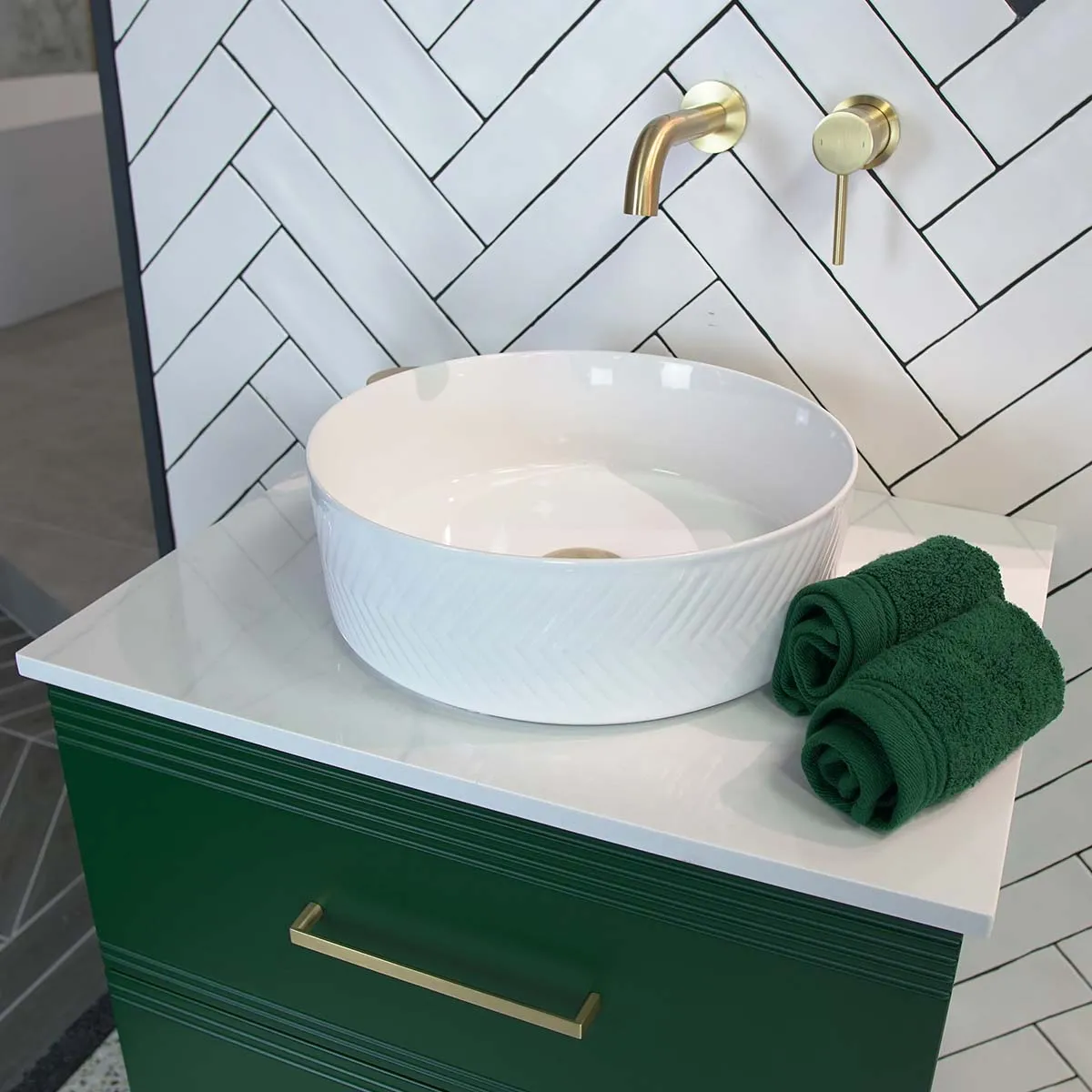 Granlusso Galleria Wall Mounted  2-Drawer Vanity Unit With Carrara Marble Effect Worktop - Deep Emerald