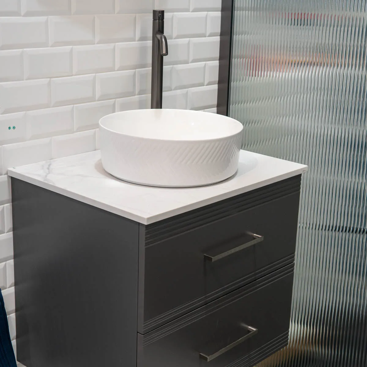 Granlusso Galleria Wall Mounted 2-Drawer Vanity Unit With Carrara Marble Effect Worktop - Slate Grey