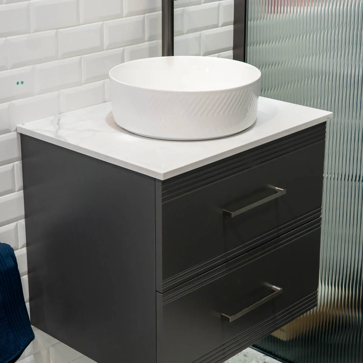 Granlusso Galleria Wall Mounted 2-Drawer Vanity Unit With Carrara Marble Effect Worktop - Slate Grey