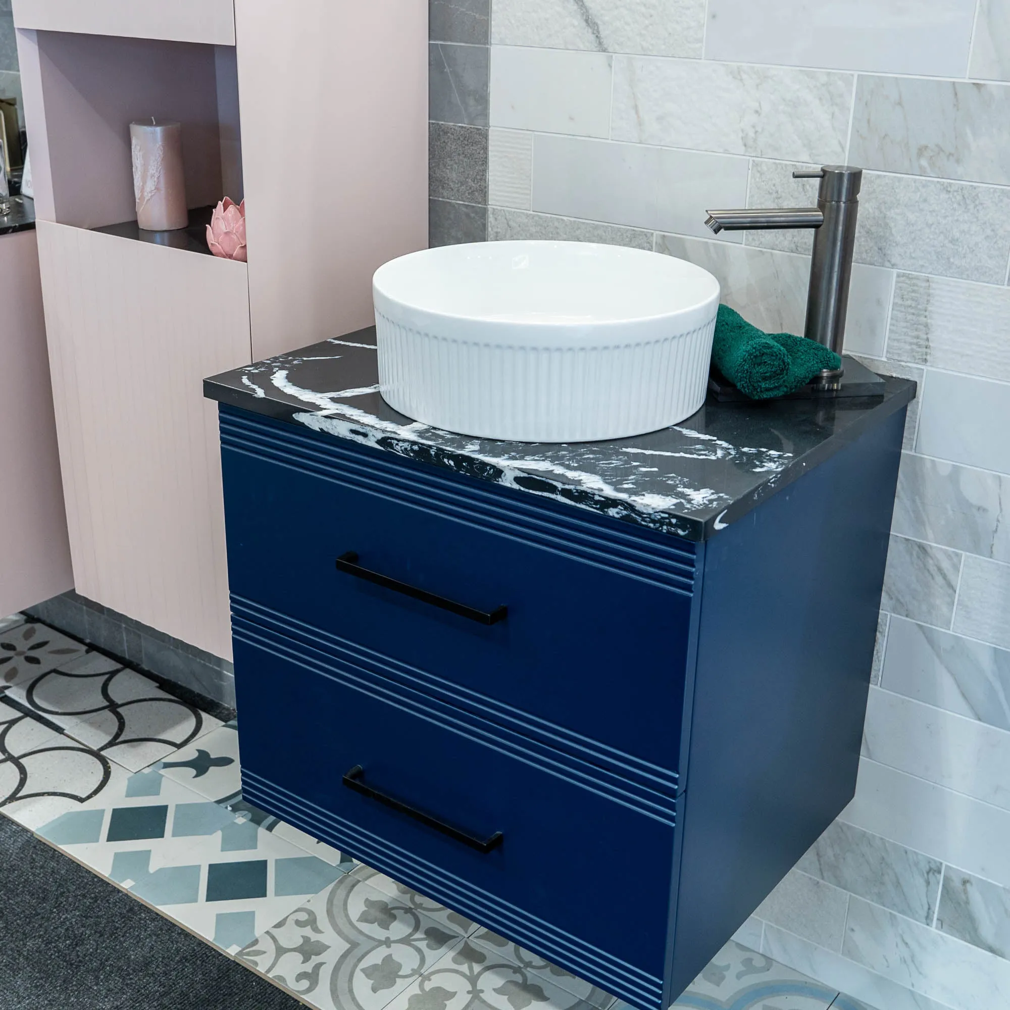 Granlusso Galleria Wall Mounted 2-Drawer Vanity Unit With Nero Marquina Worktop - Atlantic Blue
