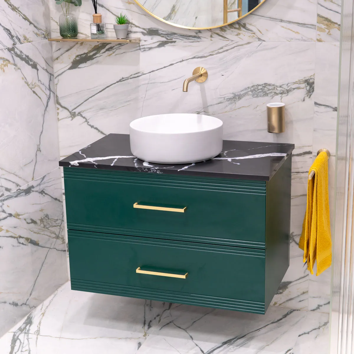 Granlusso Galleria Wall Mounted  2-Drawer Vanity Unit With Nero Marquina Worktop - Deep Emerald