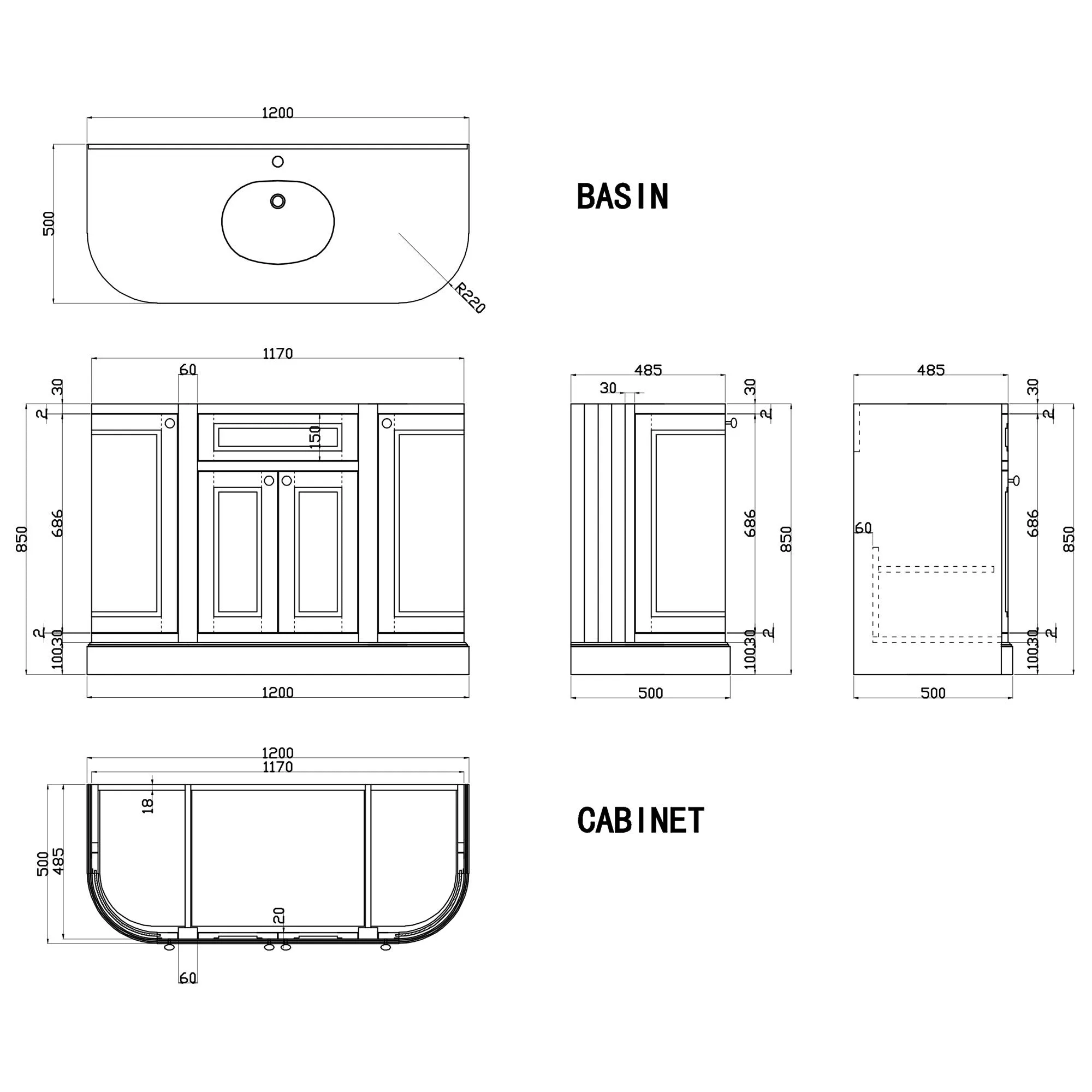 Granlusso Hampton 1200 Floorstanding Curved Vanity Unit With Real Marble Worktop and Basin