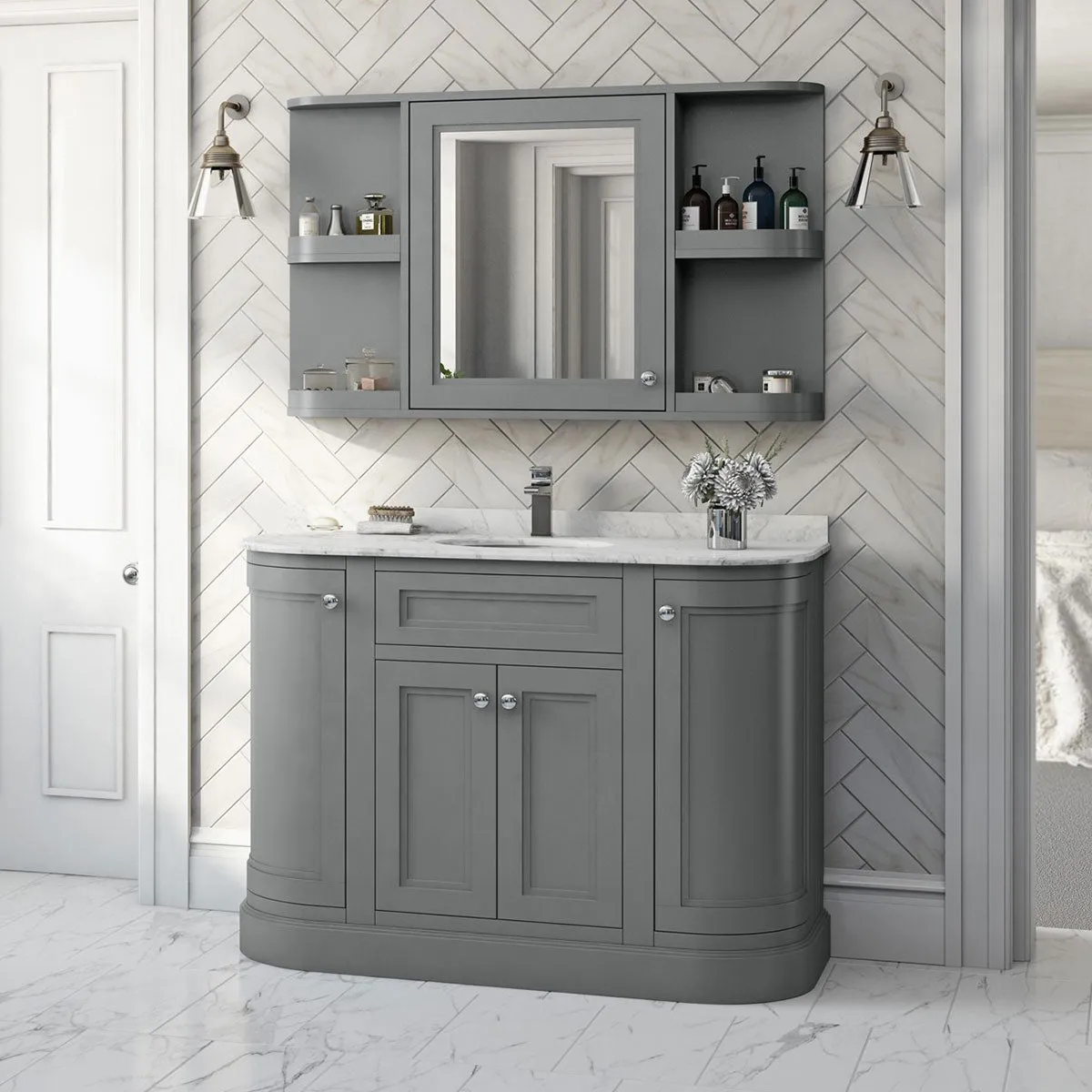 Granlusso Hampton 1200 Floorstanding Curved Vanity Unit With Real Marble Worktop and Basin