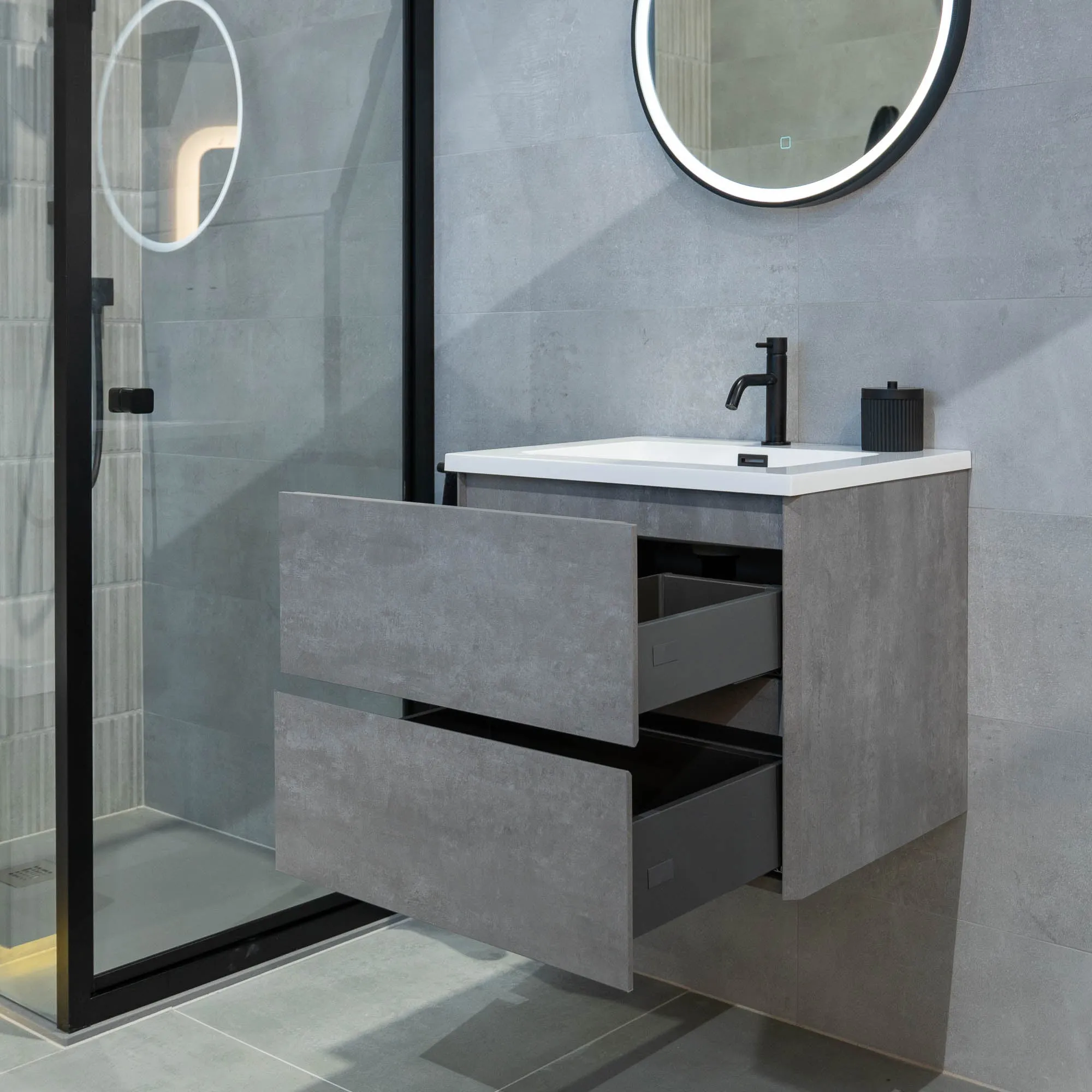 Granlusso Lucca Concrete Wall Mounted 2 Drawer Vanity Unit With Carrara Marble Effect Worktop