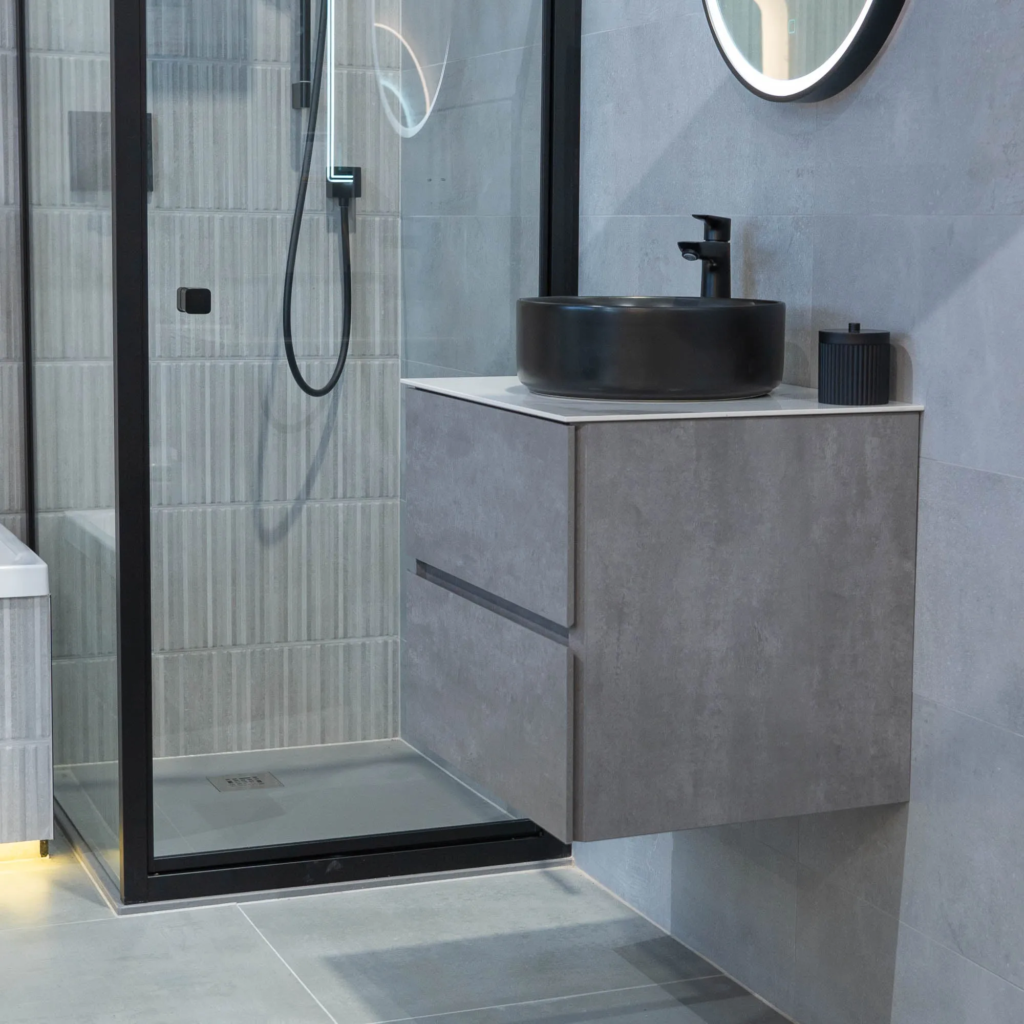 Granlusso Lucca Concrete Wall Mounted 2 Drawer Vanity Unit With Carrara Marble Effect Worktop