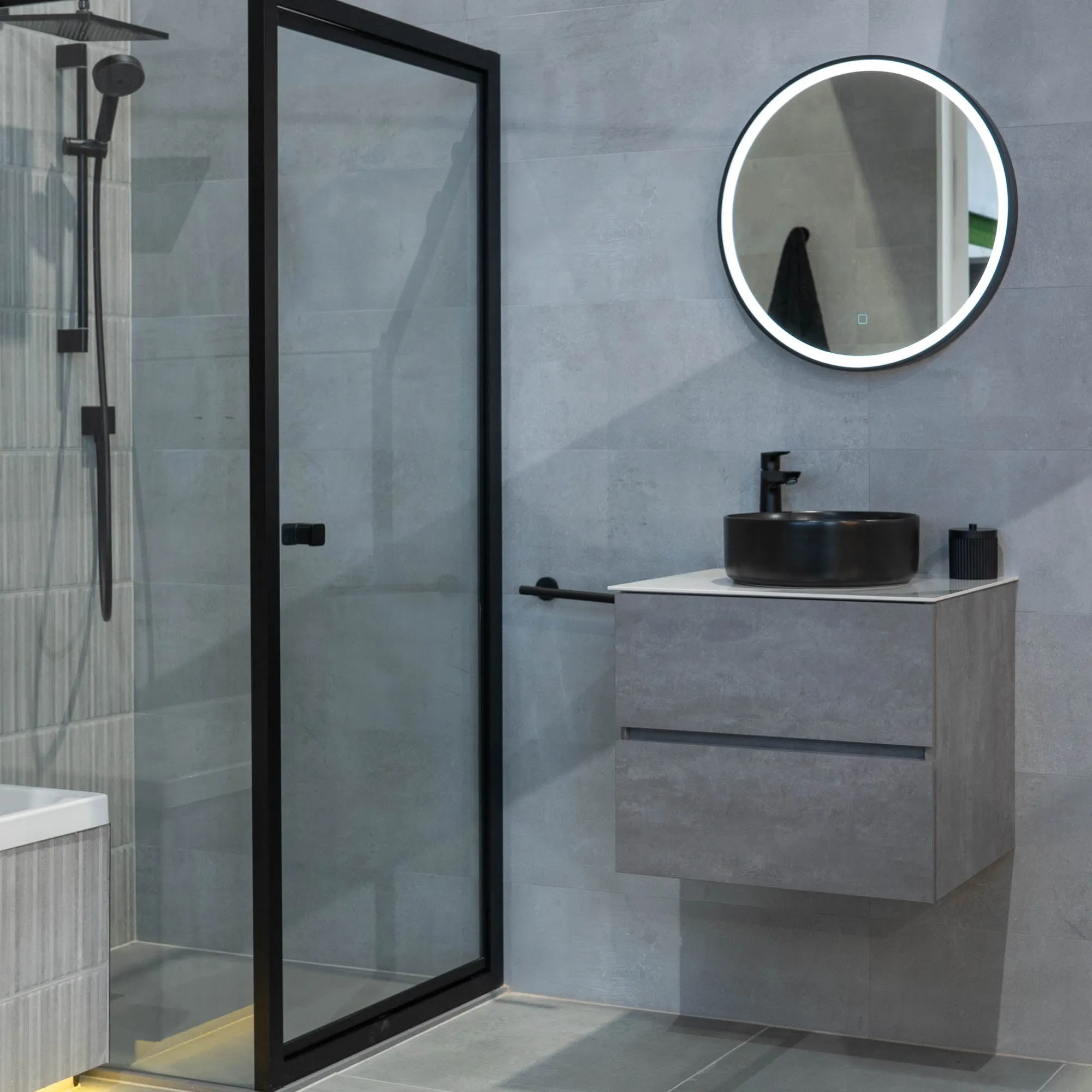 Granlusso Lucca Concrete Wall Mounted 2 Drawer Vanity Unit With Carrara Marble Effect Worktop