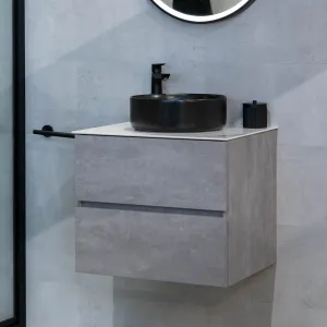 Granlusso Lucca Concrete Wall Mounted 2 Drawer Vanity Unit With Carrara Marble Effect Worktop