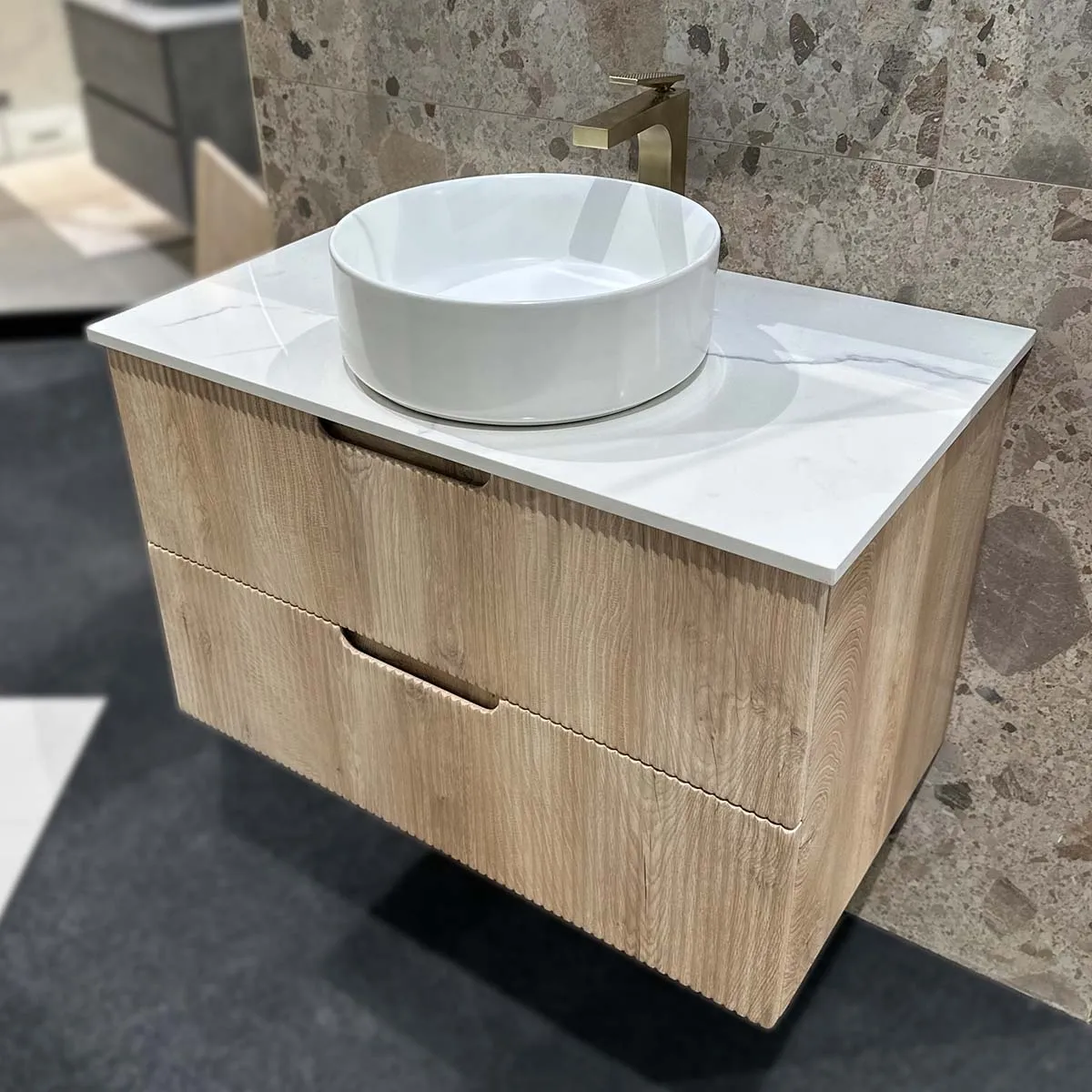 Granlusso Opus Oak Fluted Wall Mounted Vanity Unit With Carrara Marble Effect Worktop