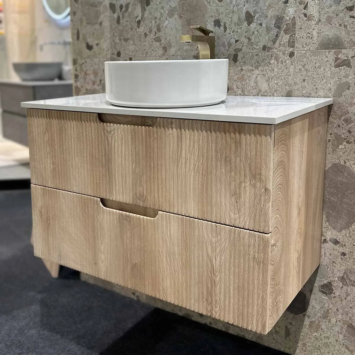 Granlusso Opus Oak Fluted Wall Mounted Vanity Unit With Carrara Marble Effect Worktop
