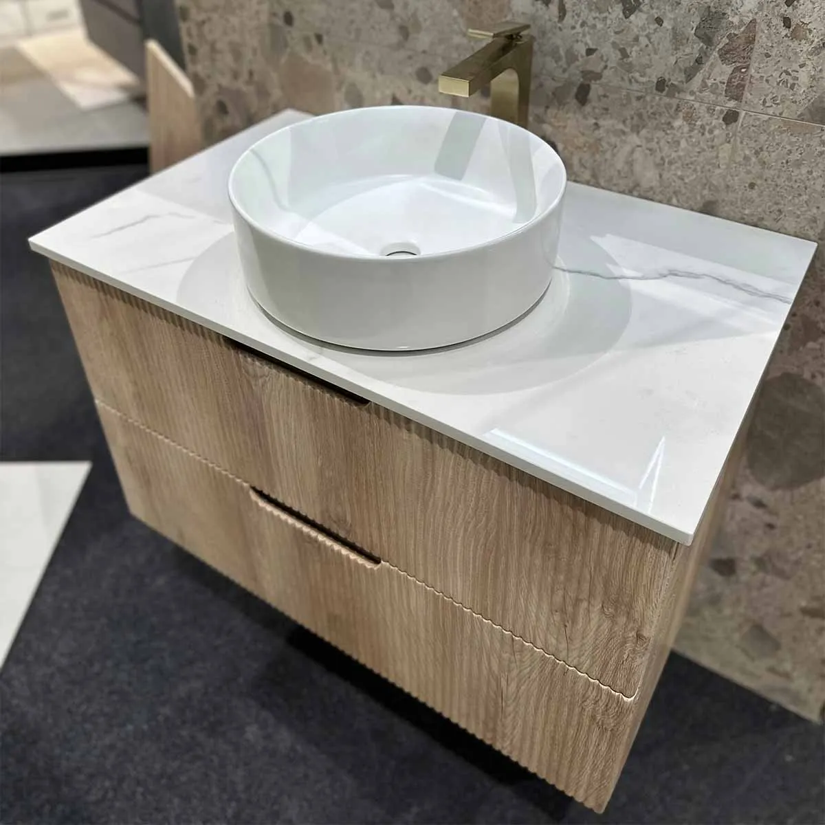 Granlusso Opus Oak Fluted Wall Mounted Vanity Unit With Carrara Marble Effect Worktop