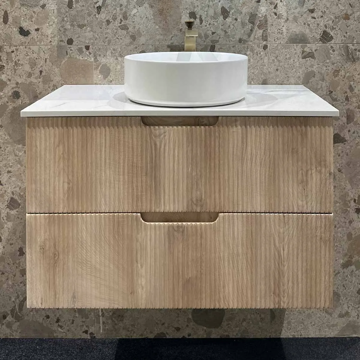 Granlusso Opus Oak Fluted Wall Mounted Vanity Unit With Carrara Marble Effect Worktop