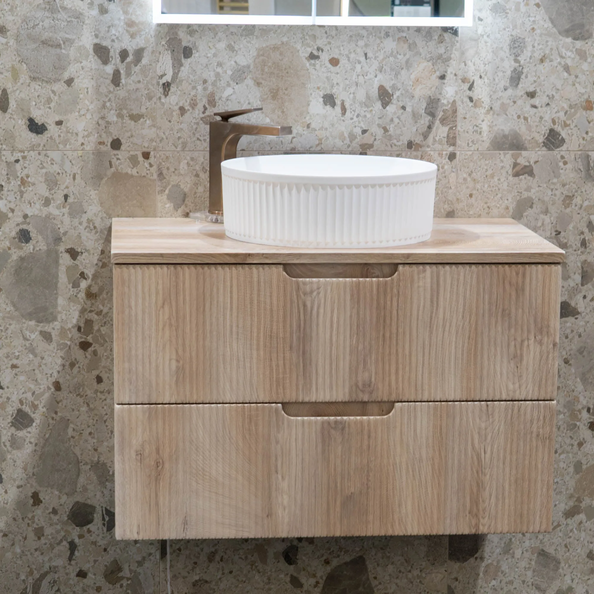 Granlusso Opus Oak Fluted Wall Mounted Vanity Unit With Oak Worktop