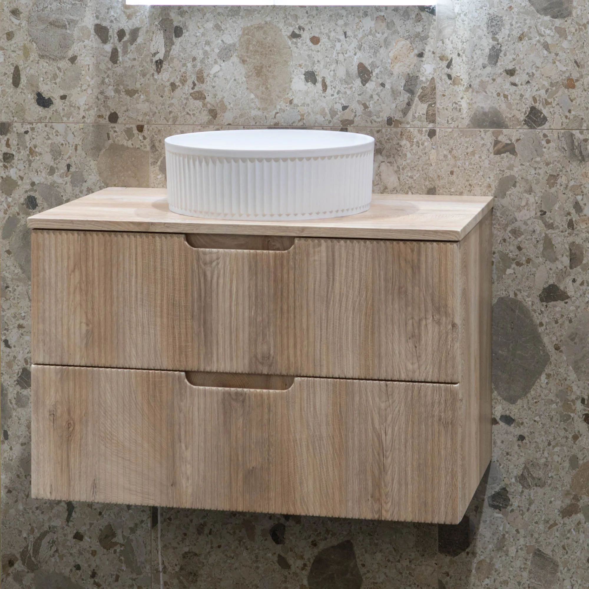 Granlusso Opus Oak Fluted Wall Mounted Vanity Unit With Oak Worktop