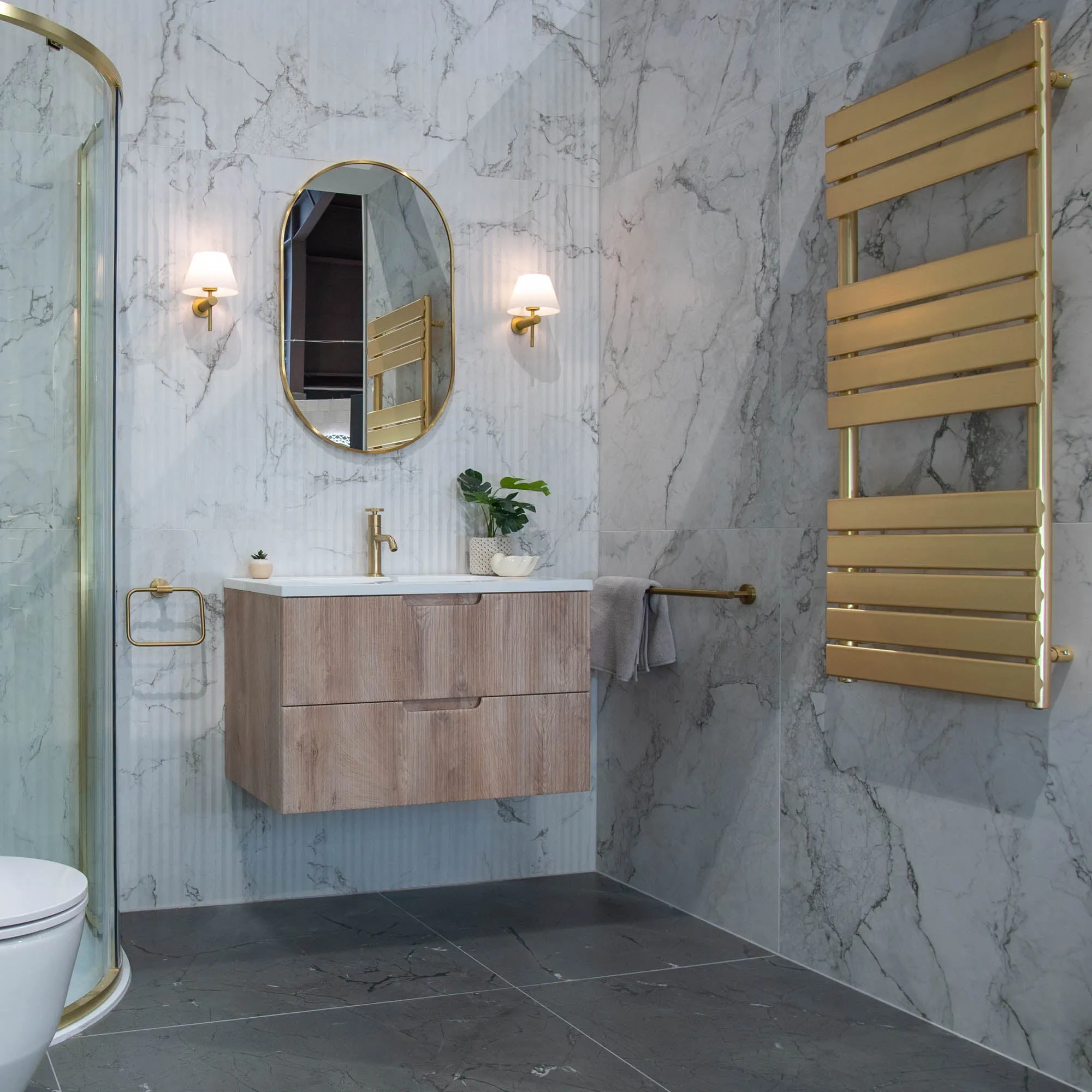 Granlusso Opus Oak Fluted Wall Mounted Vanity Unit With Solid Surface Washbasin