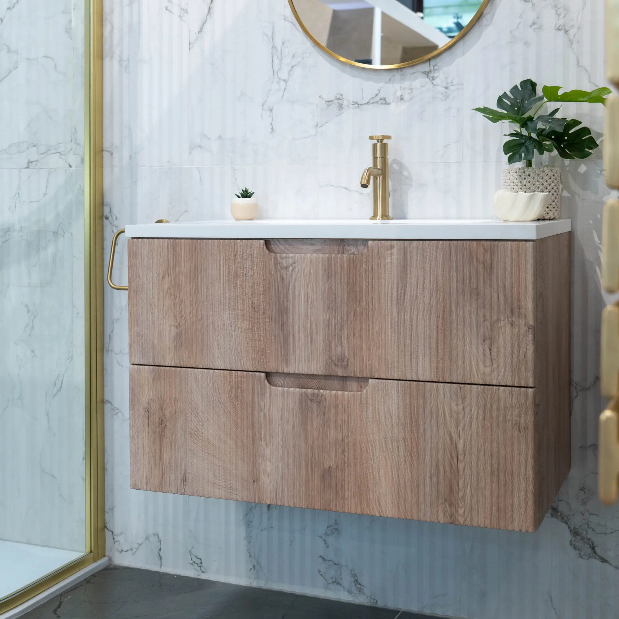 Granlusso Opus Oak Fluted Wall Mounted Vanity Unit With Solid Surface Washbasin
