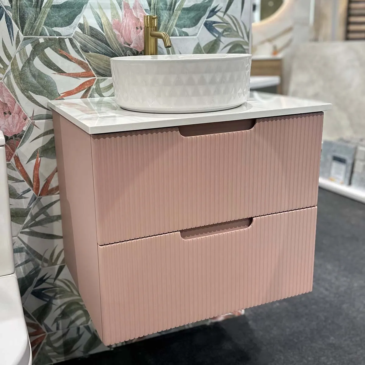 Granlusso Opus Pink Fluted Wall Mounted Vanity Unit With Carrara Marble Effect Worktop