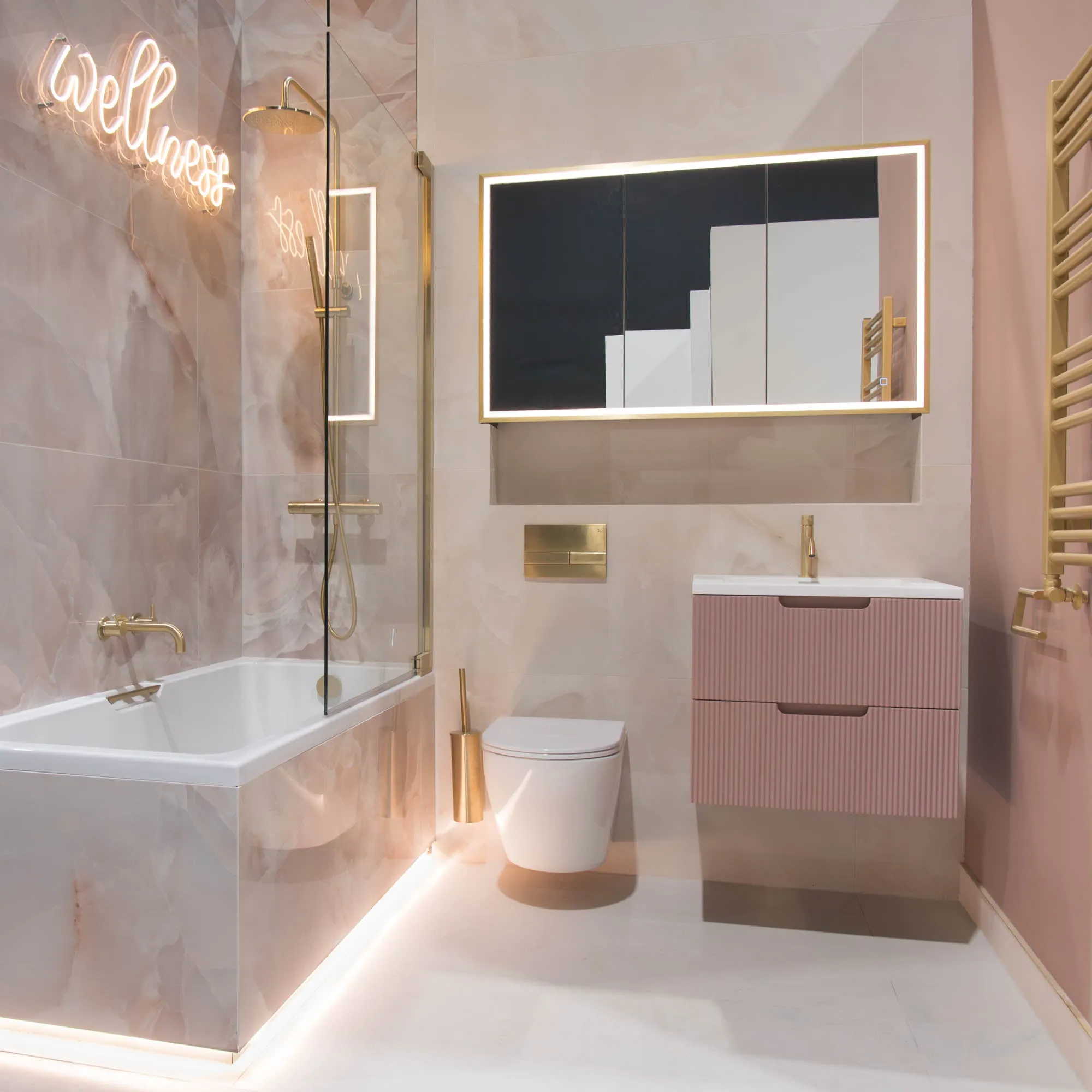 Granlusso Opus Pink Fluted Wall Mounted Vanity Unit With Solid Surface Washbasin