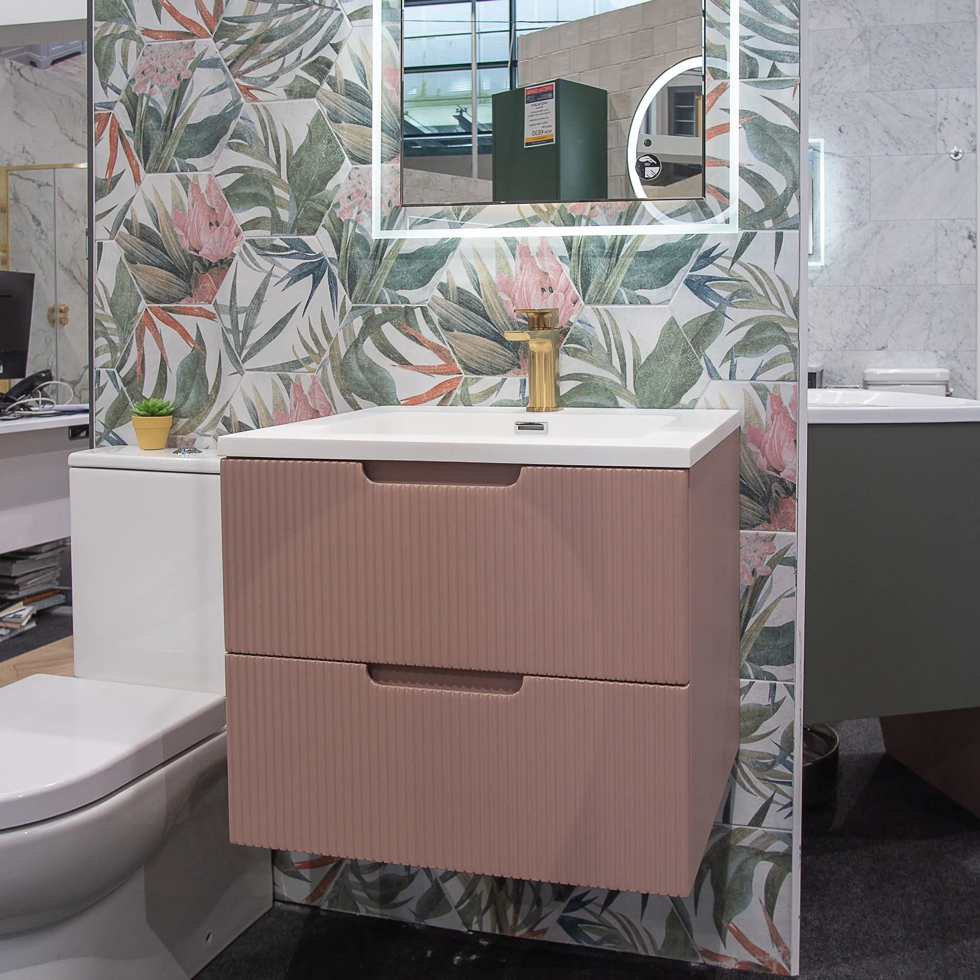 Granlusso Opus Pink Fluted Wall Mounted Vanity Unit With Solid Surface Washbasin