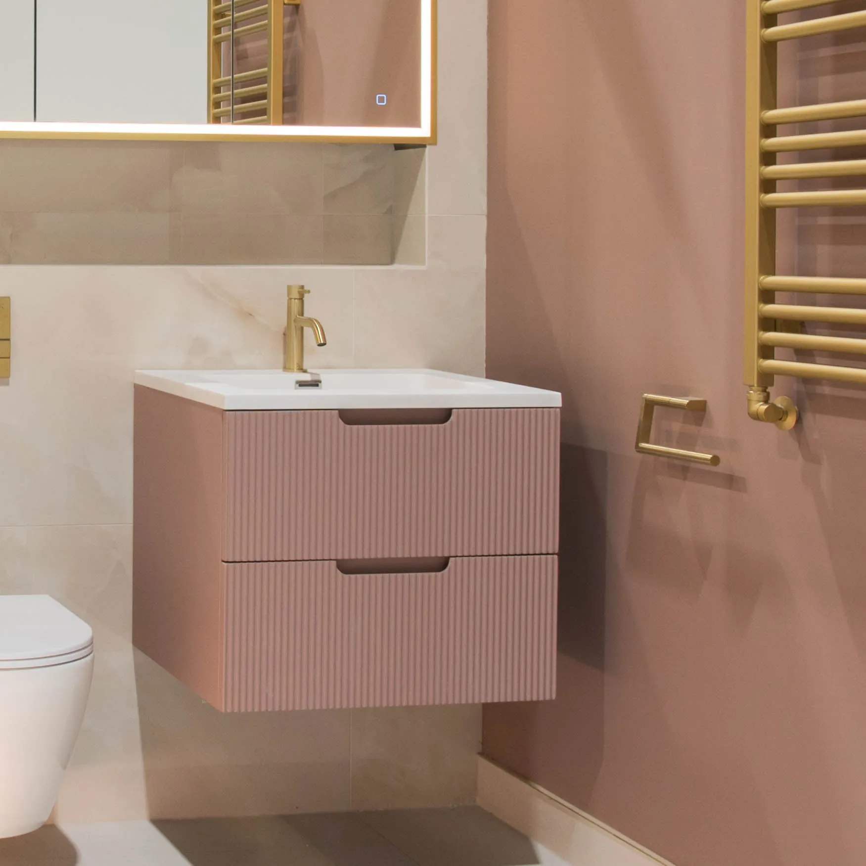 Granlusso Opus Pink Fluted Wall Mounted Vanity Unit With Solid Surface Washbasin