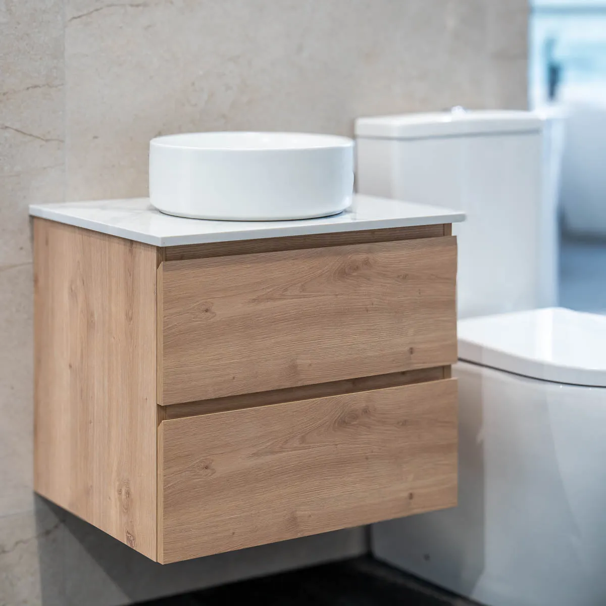 Granlusso Rocco Oak Wall Mounted Vanity Unit With Carrara Marble Effect Worktop