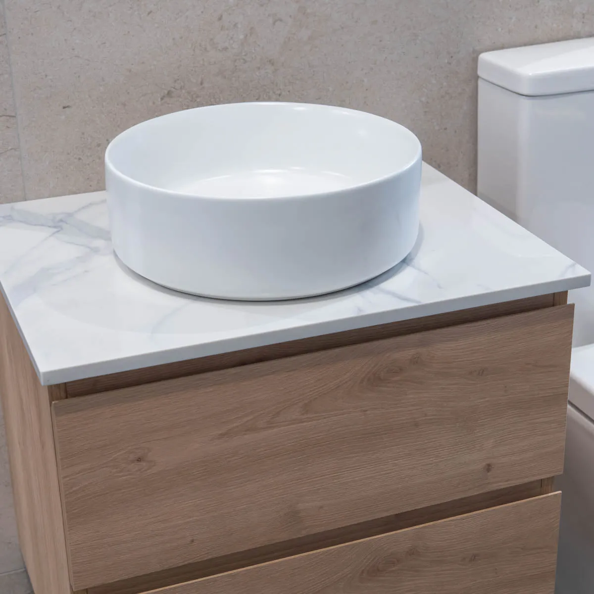Granlusso Rocco Oak Wall Mounted Vanity Unit With Carrara Marble Effect Worktop
