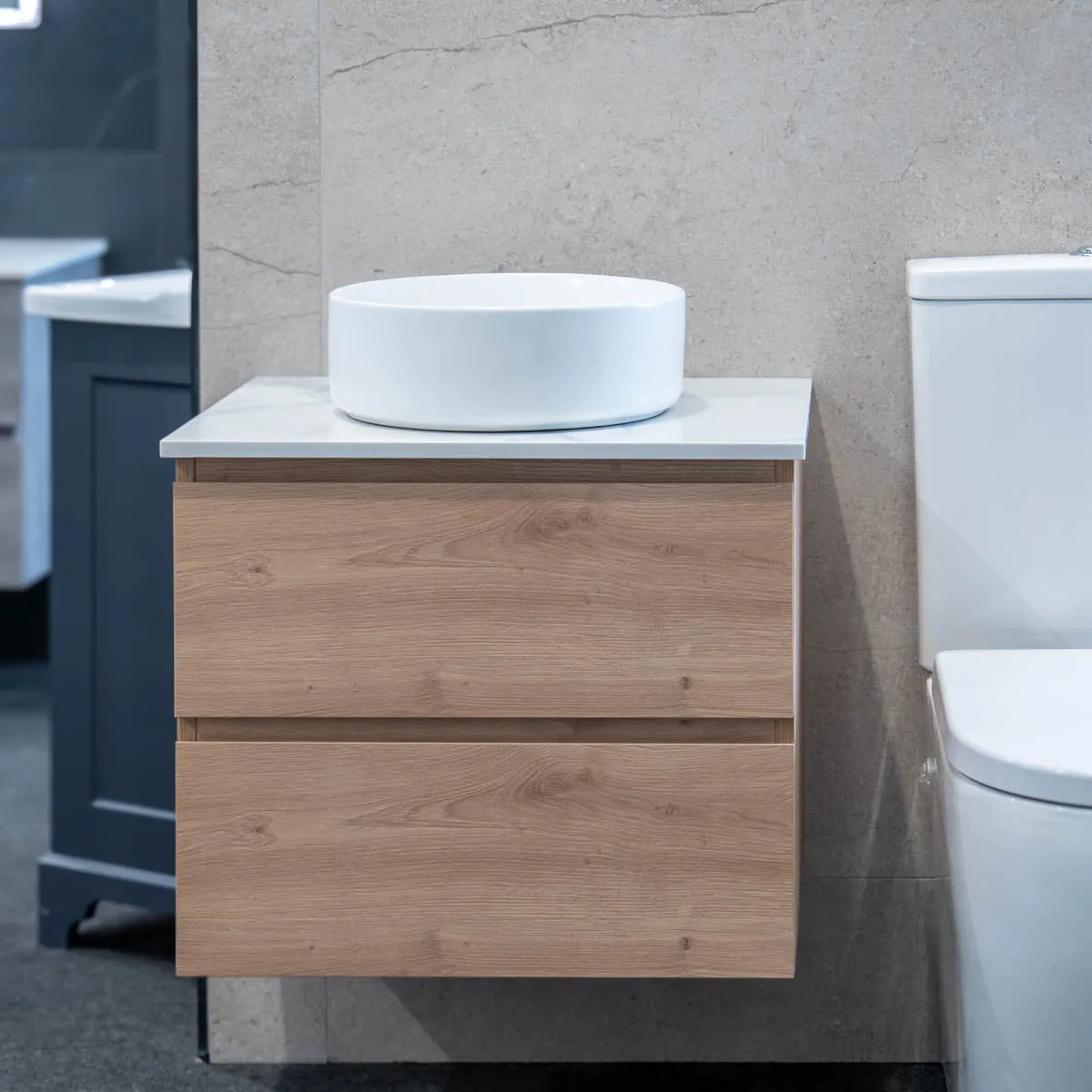 Granlusso Rocco Oak Wall Mounted Vanity Unit With Carrara Marble Effect Worktop