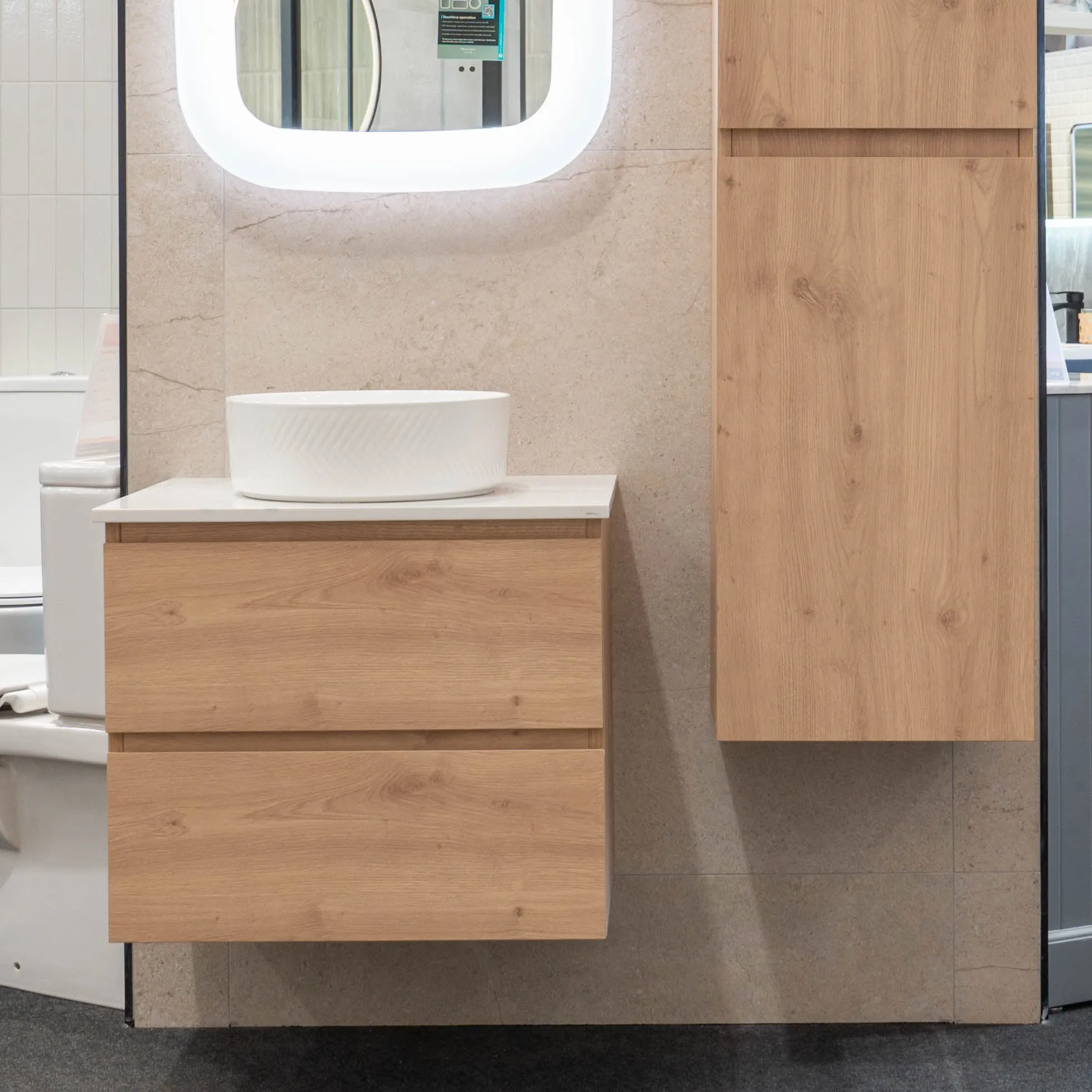 Granlusso Rocco Oak Wall Mounted Vanity Unit With Carrara Marble Effect Worktop
