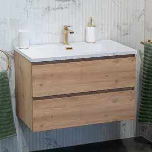 Granlusso Rocco Oak Wall Mounted Vanity Unit With Gloss White Washbasin