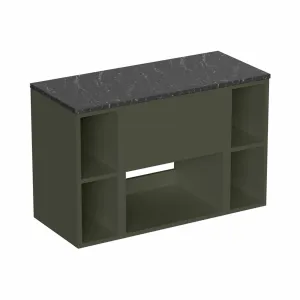 Hackney 900 Wall Mounted Vanity Unit With Marquina Worktop and 2 Shelf Units - Earthy Green