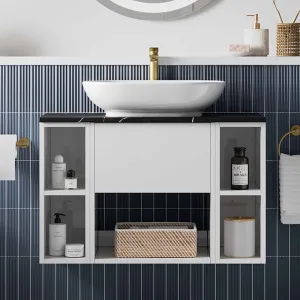 Hackney 900 Wall Mounted Vanity Unit With Marquina Worktop and 2 Shelf Units - Gloss White