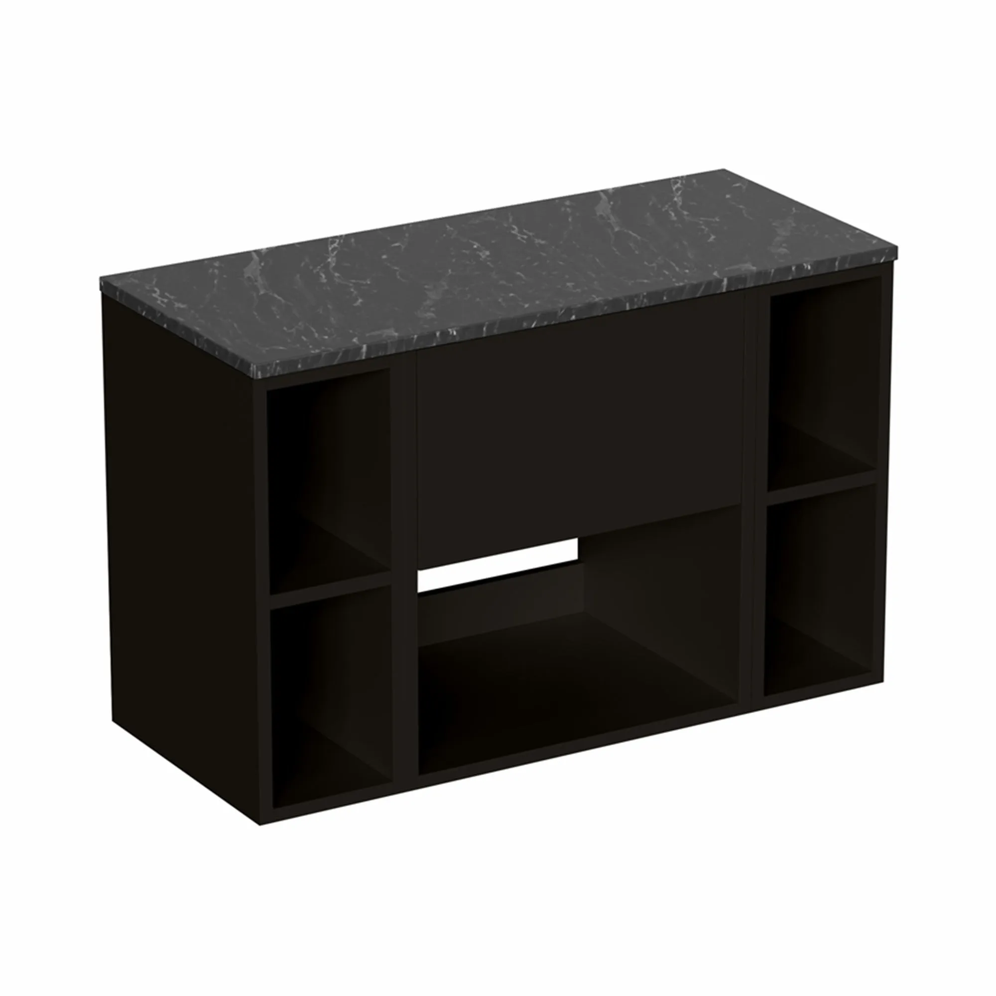 Hackney 900 Wall Mounted Vanity Unit With Marquina Worktop and 2 Shelf Units - Matt Black