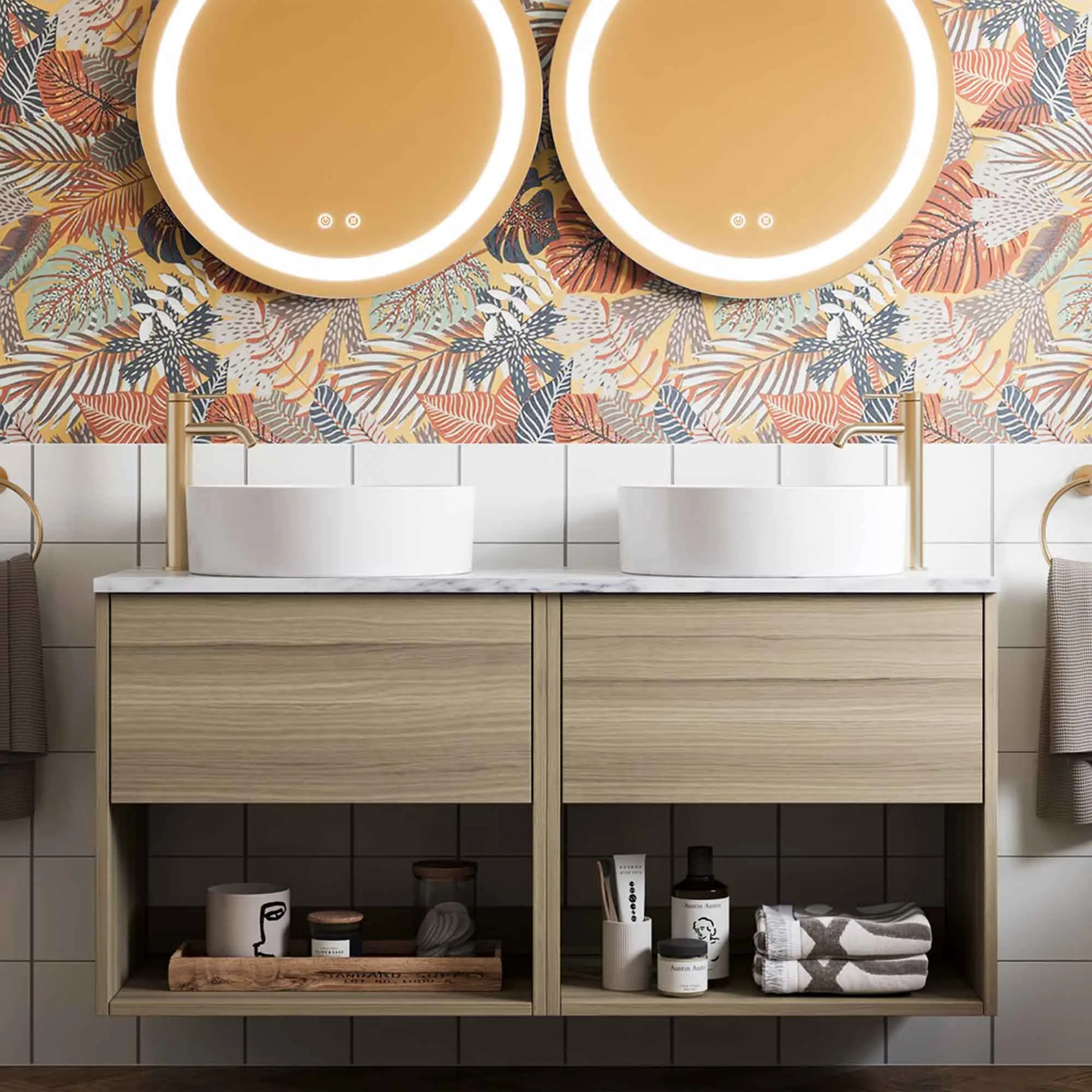Hackney Wall Mounted Double Vanity Unit With Worktop - Cherry Wood