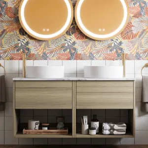 Hackney Wall Mounted Double Vanity Unit With Worktop - Cherry Wood