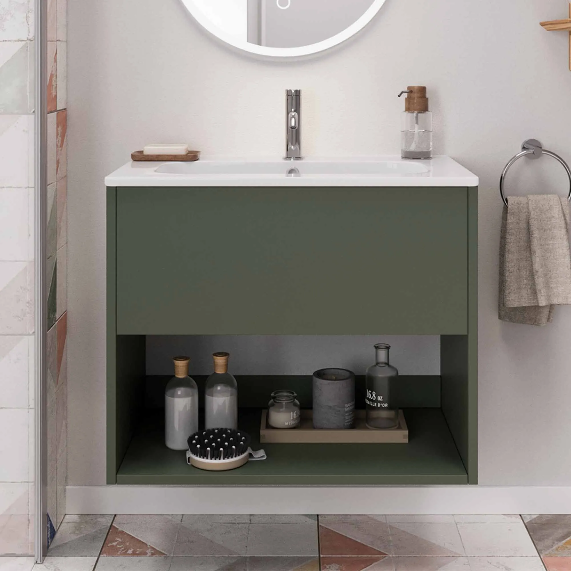 Hackney Wall Mounted Vanity Unit With Washbasin - Earthy Green