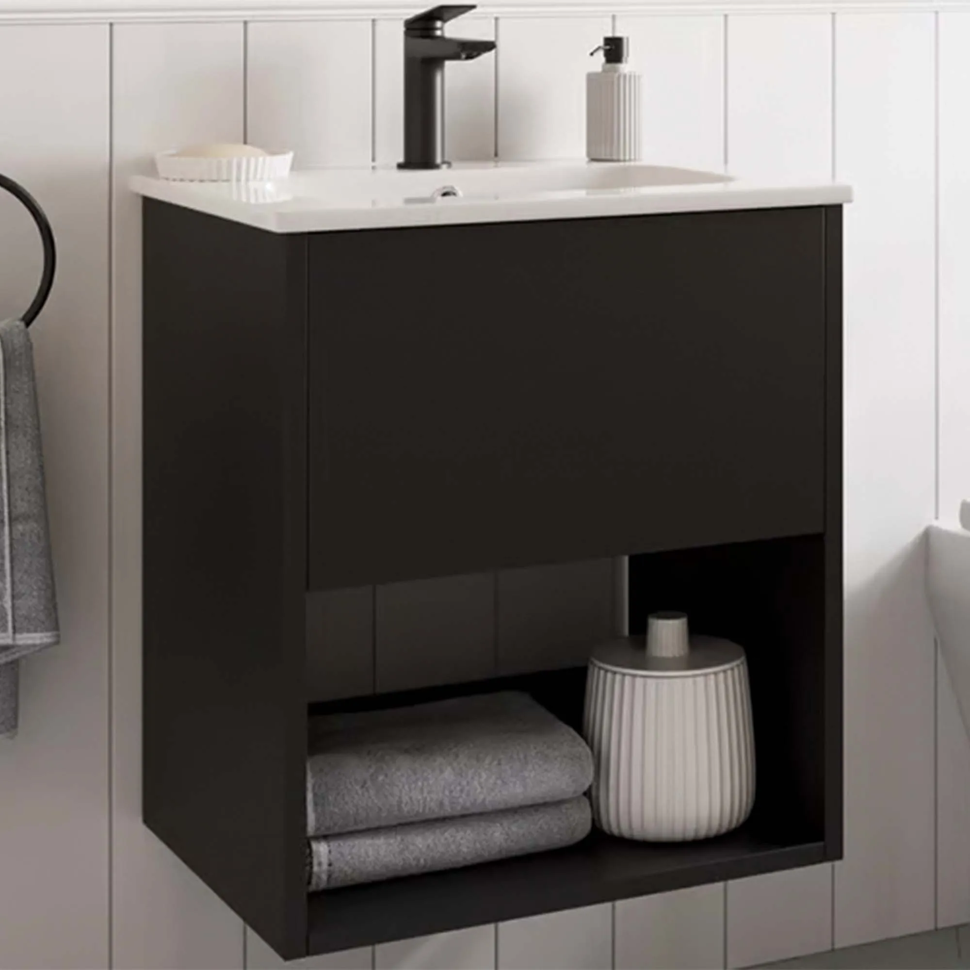 Hackney Wall Mounted Vanity Unit With Washbasin - Matt Black