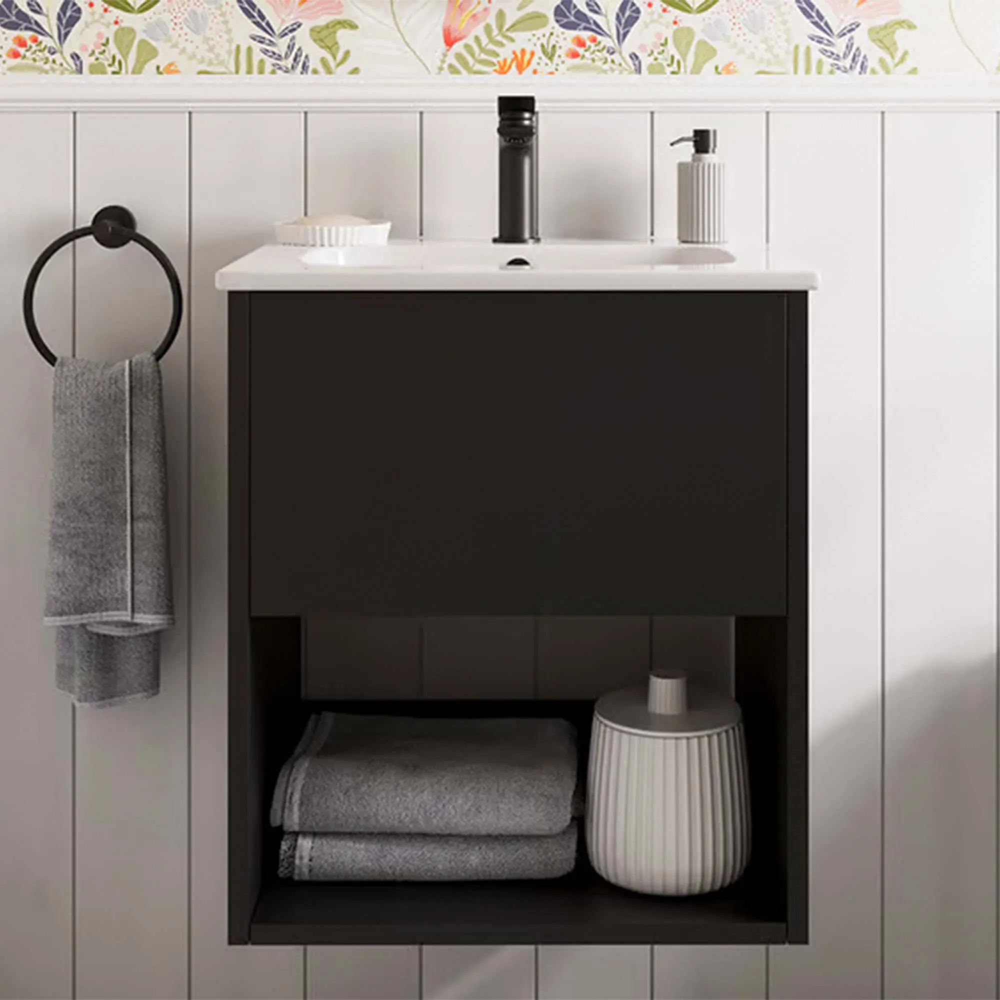 Hackney Wall Mounted Vanity Unit With Washbasin - Matt Black