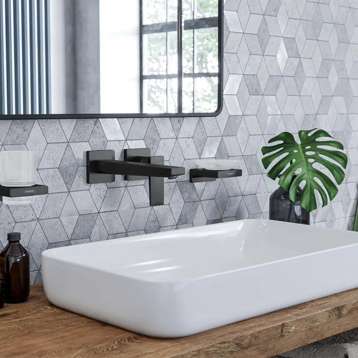 Hansgrohe Metropol Wall Mounted 2 Hole Basin Mixer Tap With Waste - Matt Black