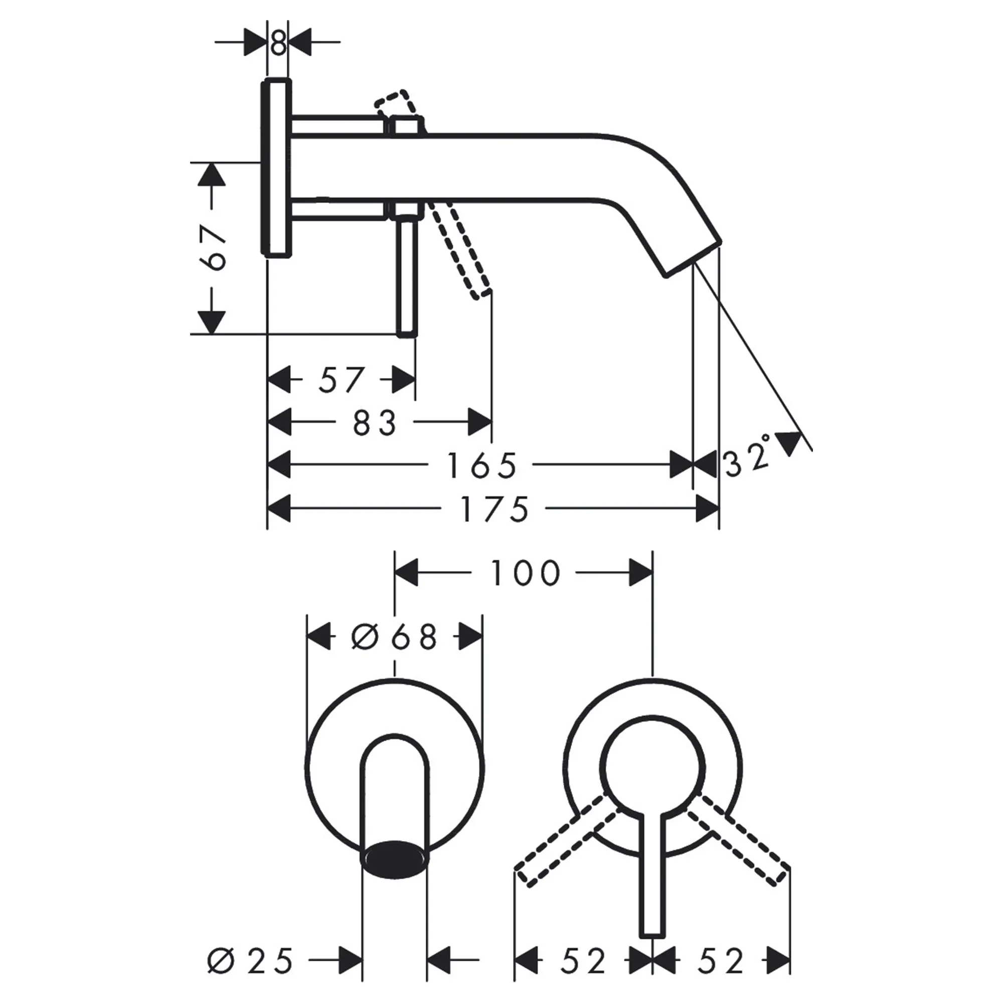 Hansgrohe Tecturis 2 Hole Wall Mounted Basin Mixer Tap - Brushed Bronze