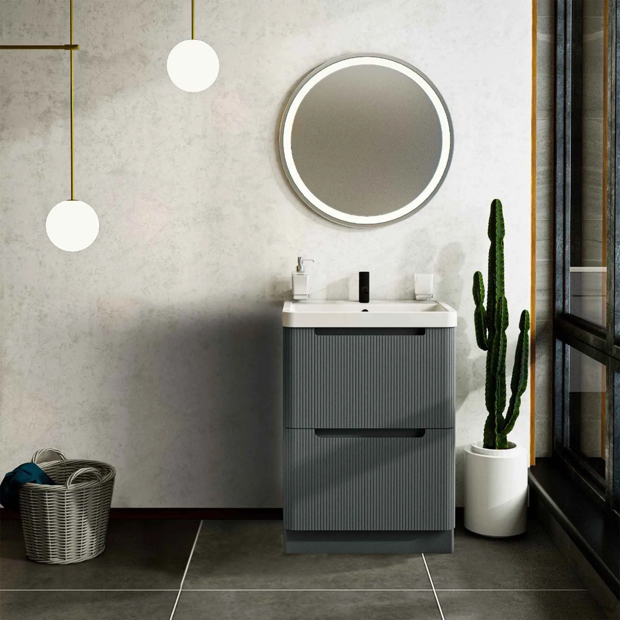 Hudson 600 Fluted Floor Standing Vanity Unit With Washbasin - Shadow Grey