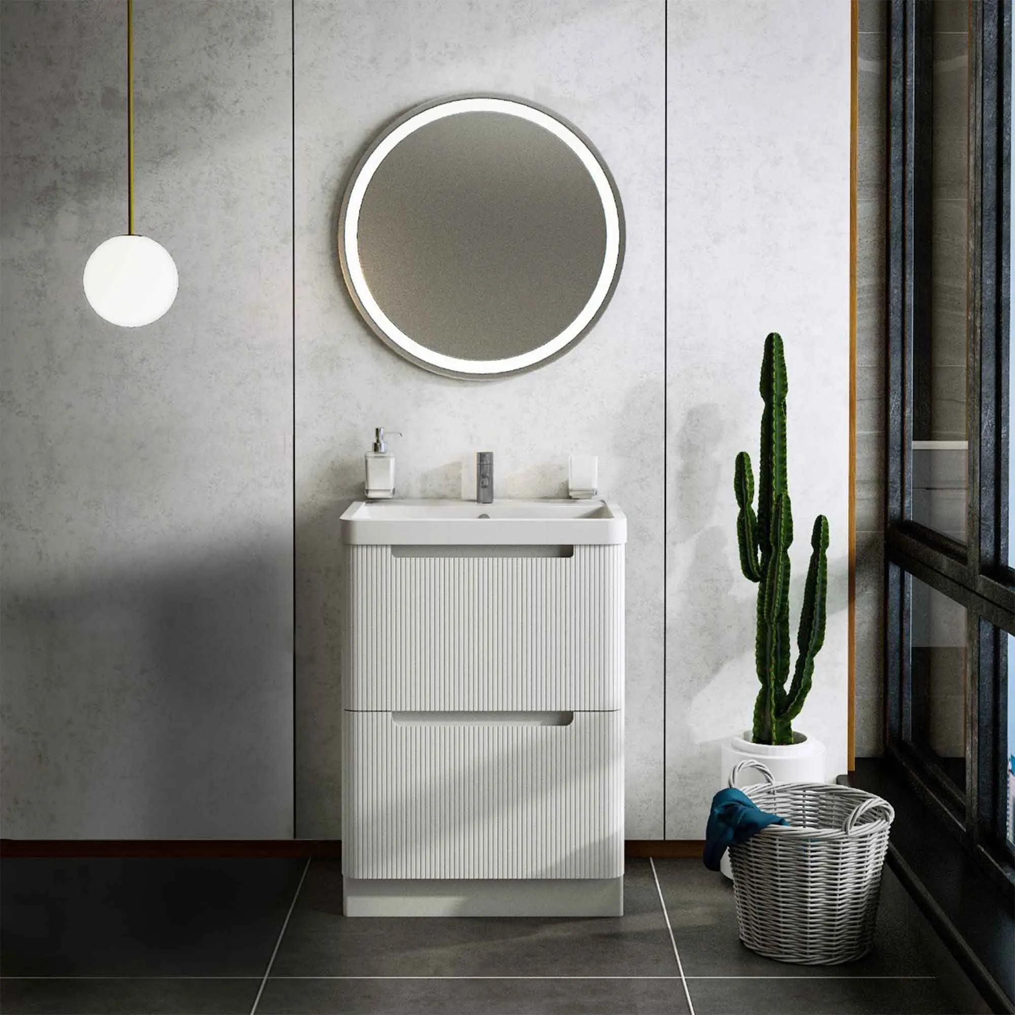 Hudson 600 Fluted Floor Standing Vanity Unit With Washbasin - White Gloss