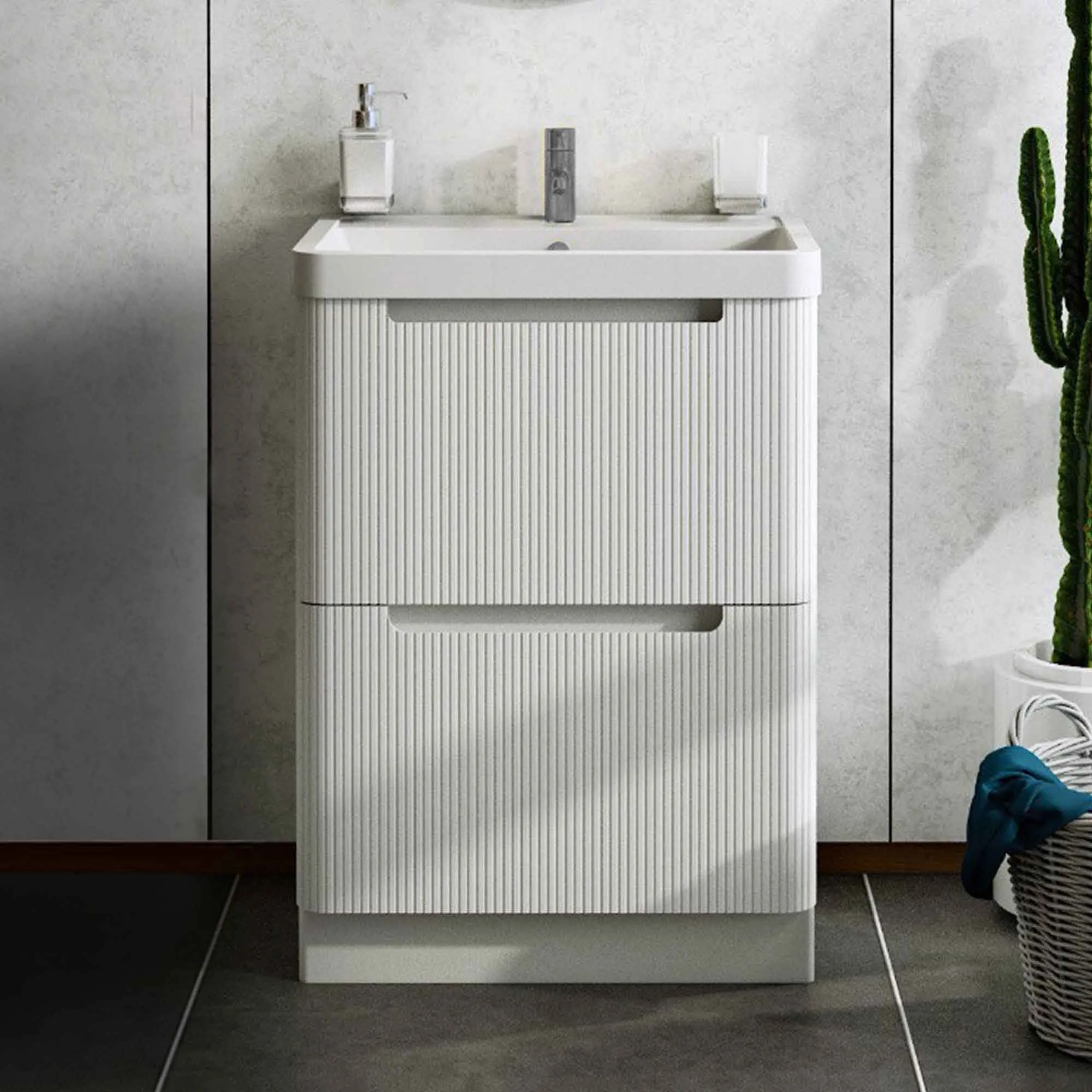 Hudson 600 Fluted Floor Standing Vanity Unit With Washbasin - White Gloss
