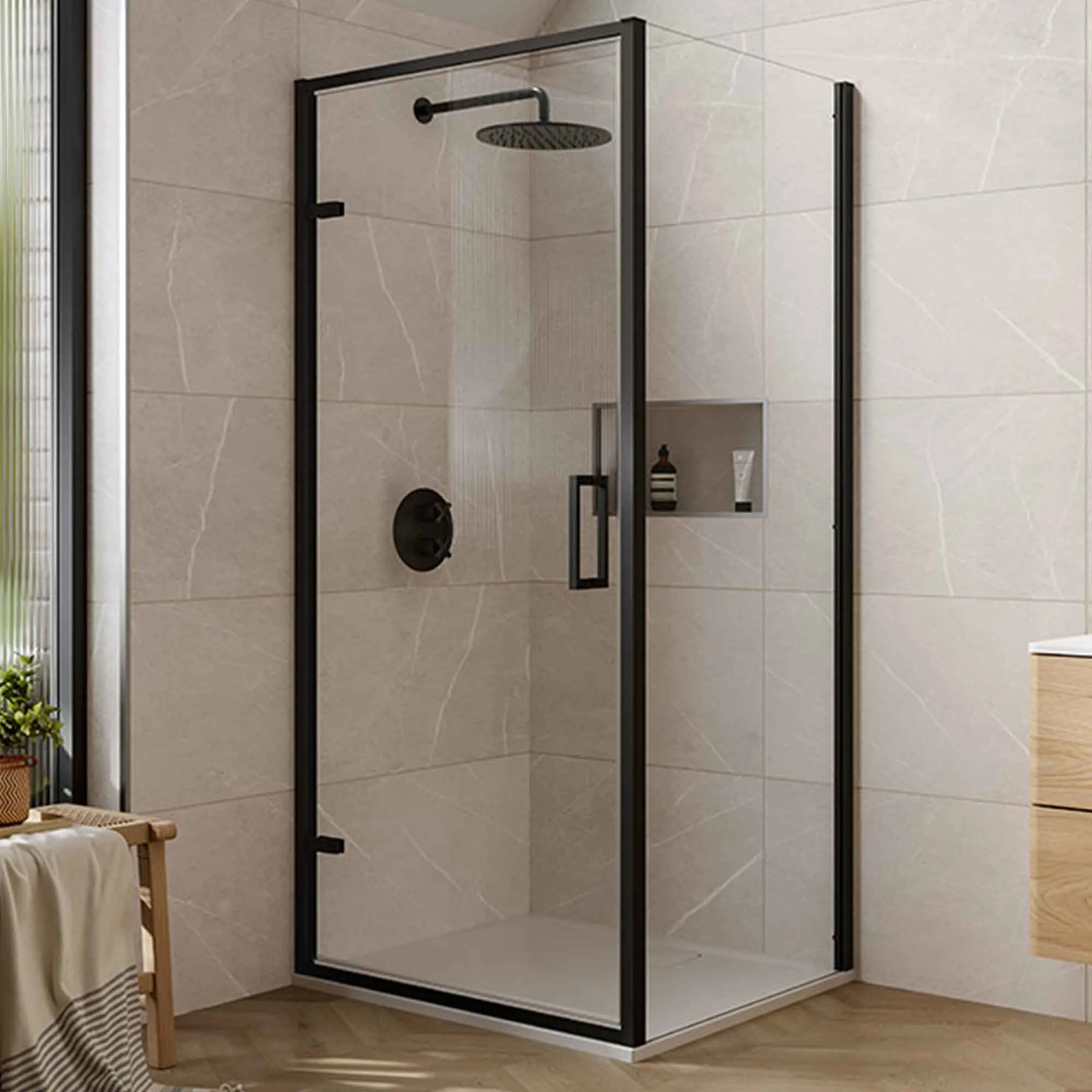Merlyn 6 Series Sleek Hinged Shower Door With Side Panel - Matt Black