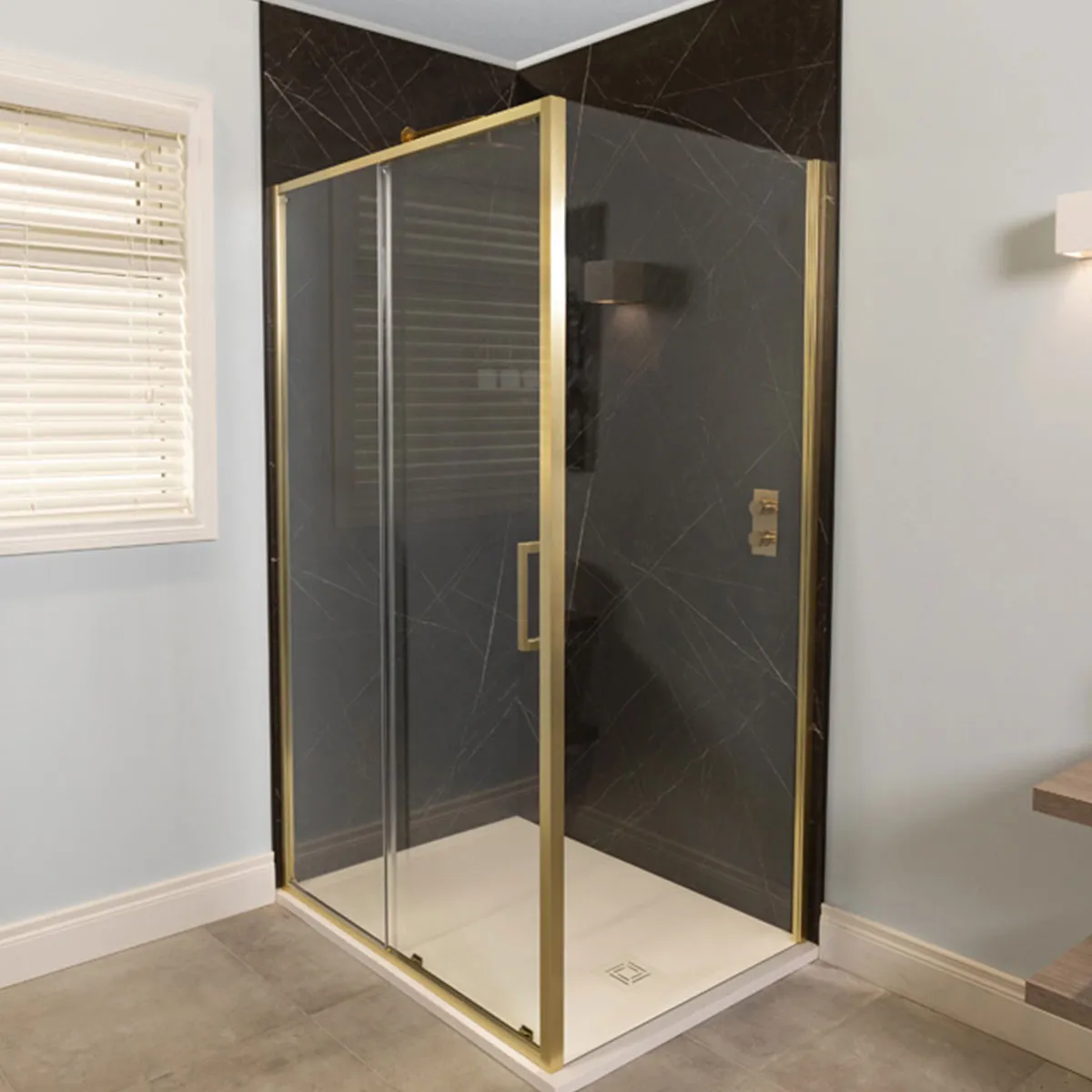 Merlyn 6 Series Sleek Sliding Shower Door With Side Panel - Brushed Brass