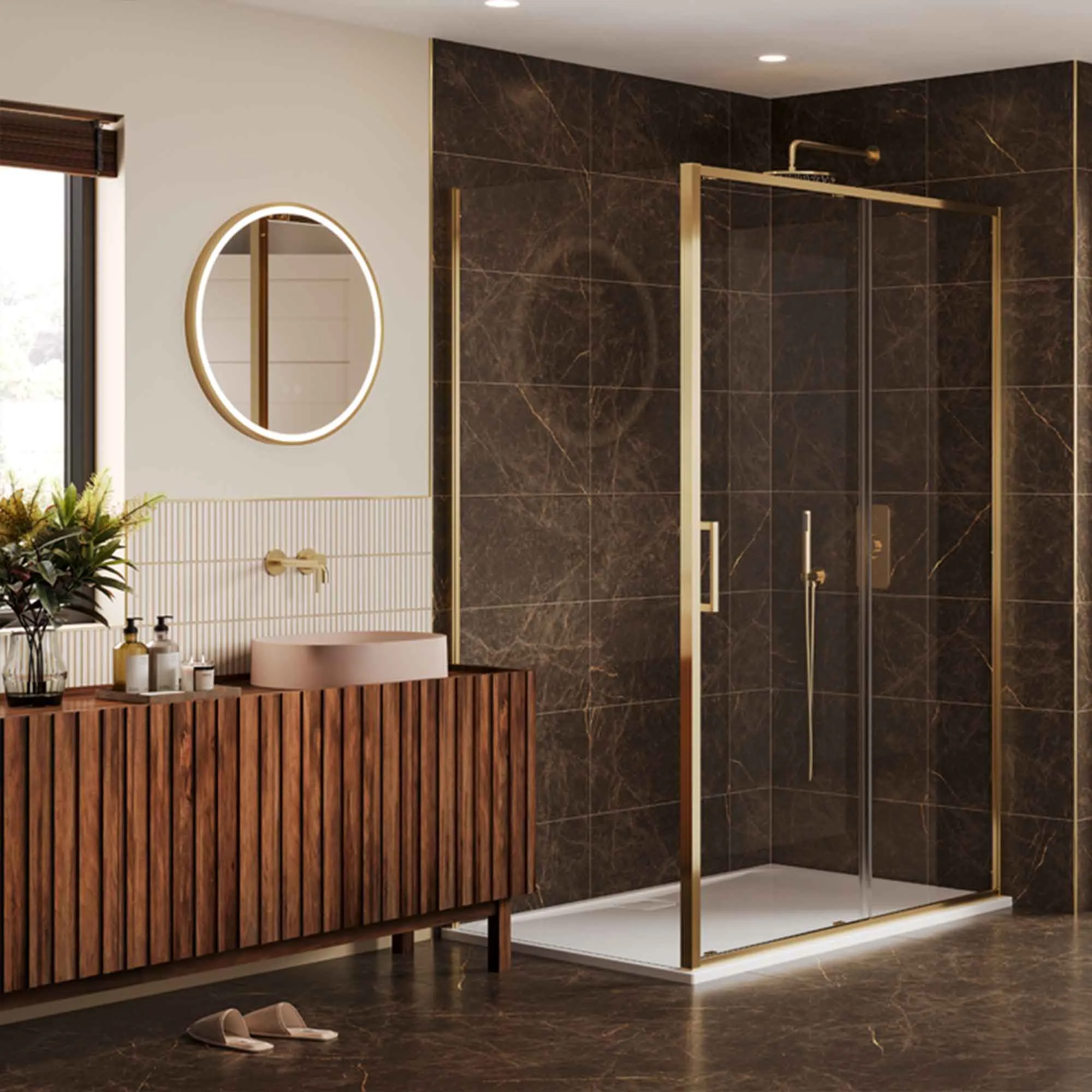 Merlyn 6 Series Sleek Sliding Shower Door With Side Panel - Brushed Brass