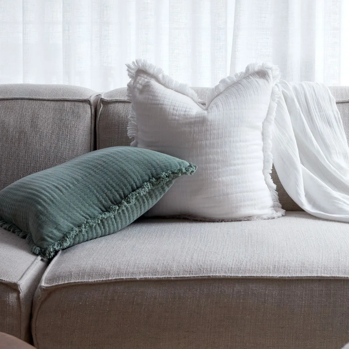 Molly Fringed Cotton Throw Cushion - Ivory Mocka
