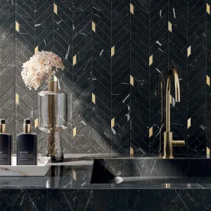 Nero Marquinia Chevron Porcelain Mosaic Tile 28x30cm Gloss