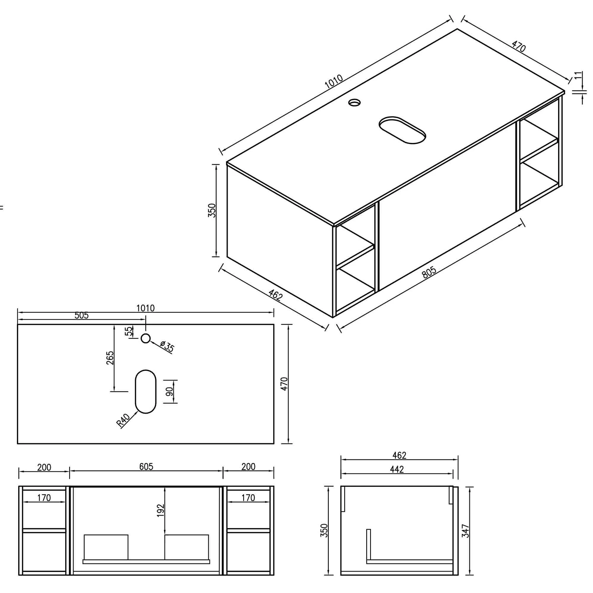 Pisa 1000 Wall Mounted Vanity Unit With Worktop and Open Shelf